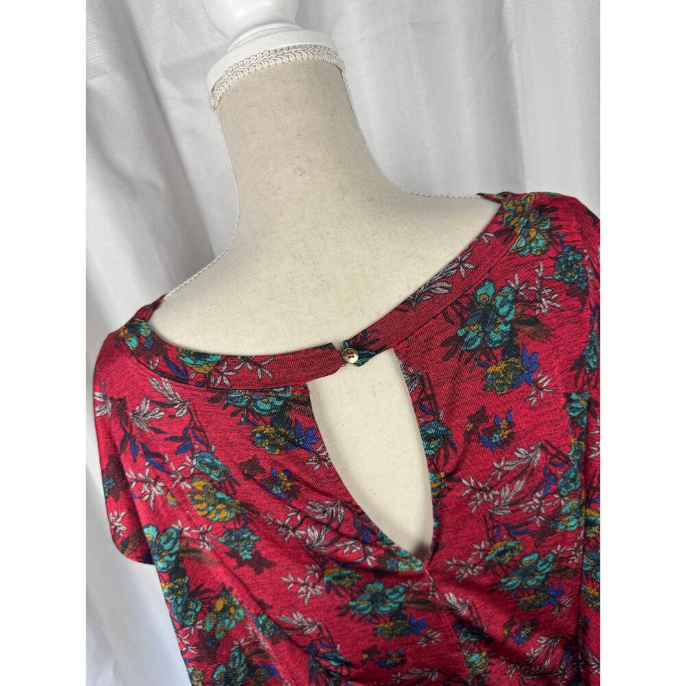 Free People Dock Street Blouse XS Red Floral Boho Ruffle Slouchy Top - Picture 7 of 9